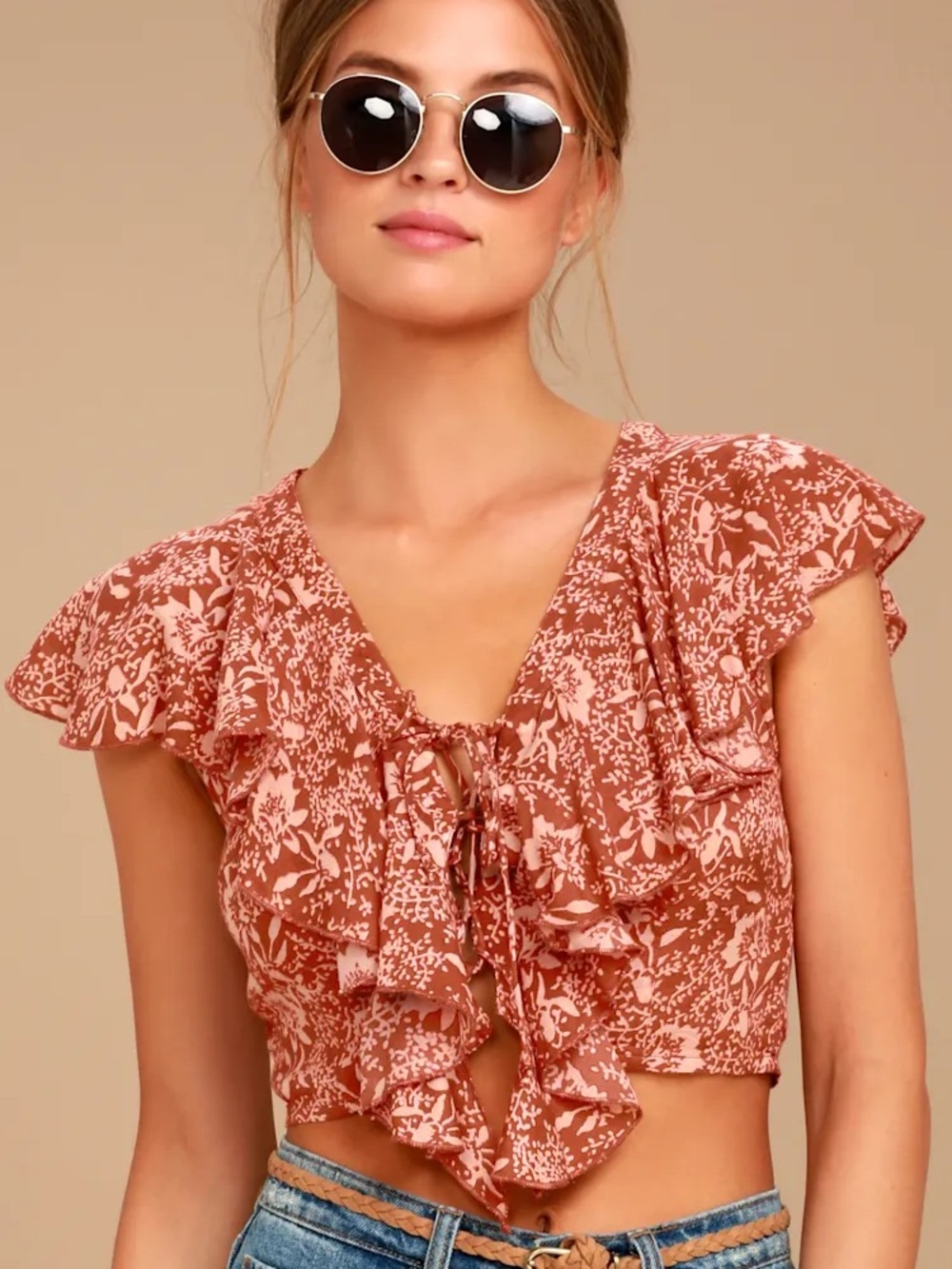 Amuse Society Solana Rust Red Floral Print Lace-Up Crop Top